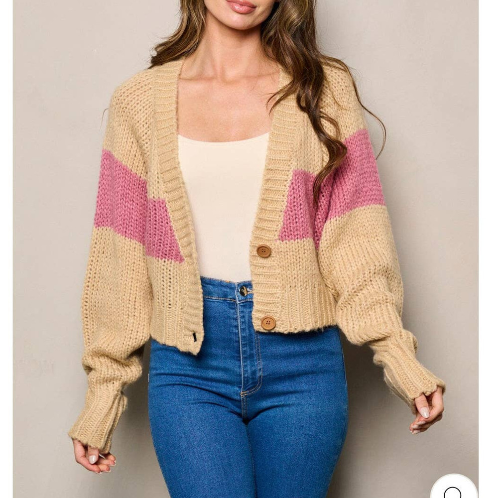 Malibu Bum Womens Colorblock‎ Cardigan Sweater Tan Pink Dolman Sleeves New
